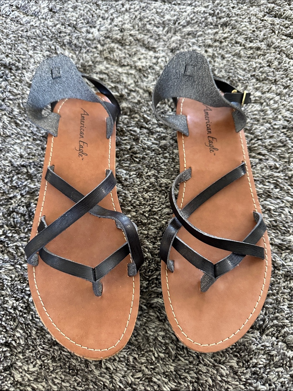 American Eagle Outfitters Black Strappy Low Wedge Sandals with Brown Footbed
